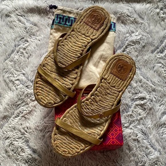 Tory Burch Two Band Flat Espadrille Slide Metallic Gold with Dustbag 9.5 - Picture 3 of 13